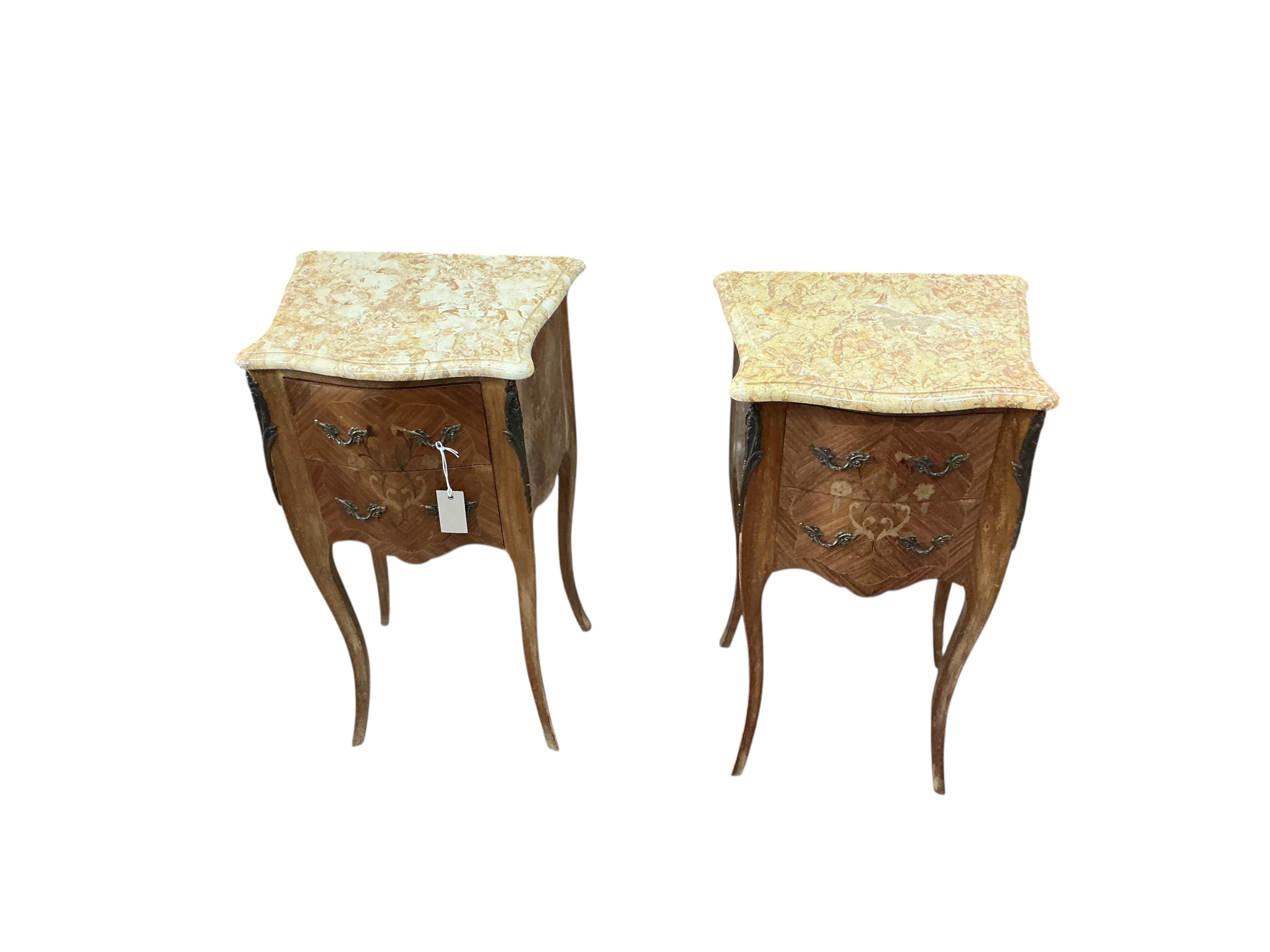 A pair of French gilt metal mounted marquetry inlaid kingwood marble top serpentine bedside chests, width 42cm, depth 32cm, height 72cm
